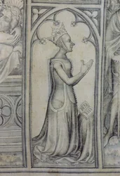 Das Parement von Narbonne, Detail von Jeanne de Bourbon (1338-77) beim Beten, ca. 1375 (Grisaille auf Seide) (Detail)